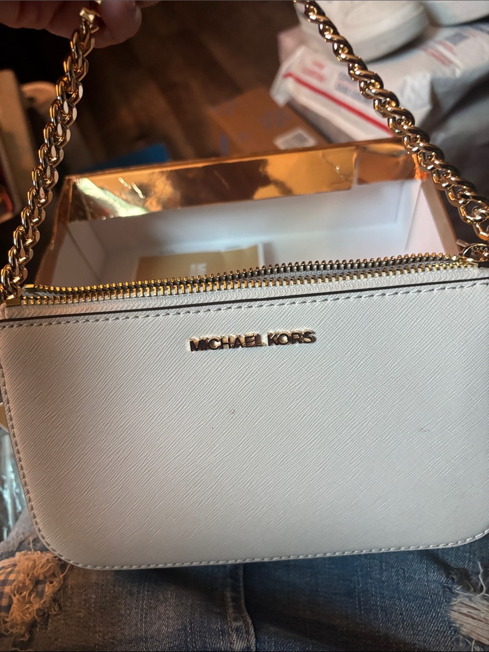 Michael Kors White Saffiano Leather Chain Shoulder Crossbody - Picture 6 of 7